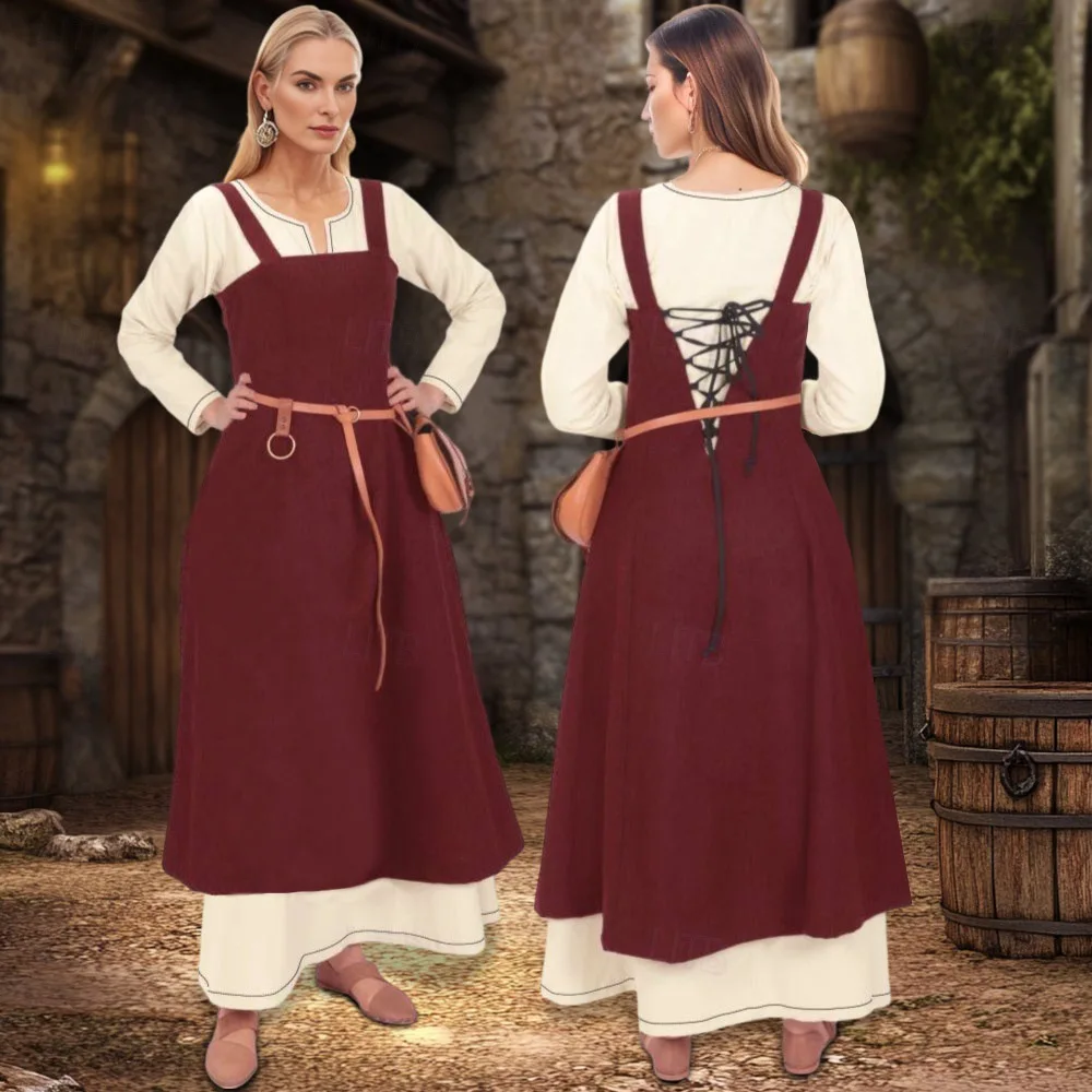 

Women's Medieval Style Dress Two-Piece Set Lace-Up Back Vintage Suspender Dress Long Sleeve Liner Renaissance Costume for Themed