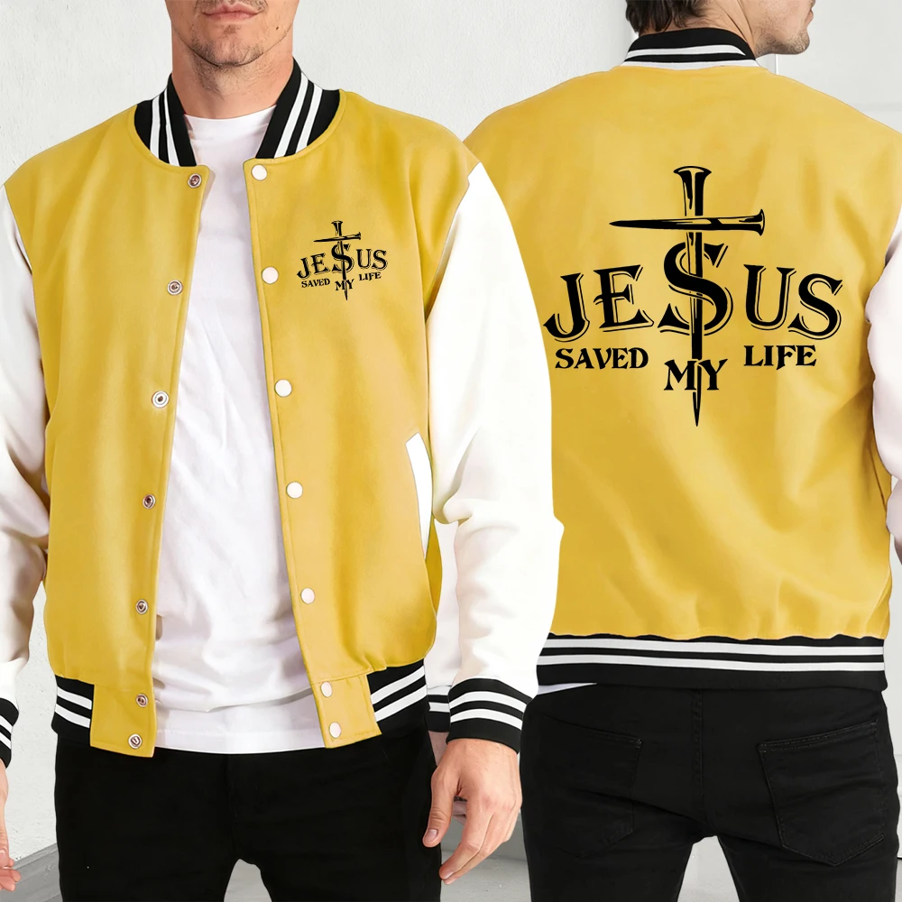 

Jesus Saved My Life Letter Print Men'S Basic Fashion Baseball Jersey Basics Button Jackets Autumn Winter Casual Clothing