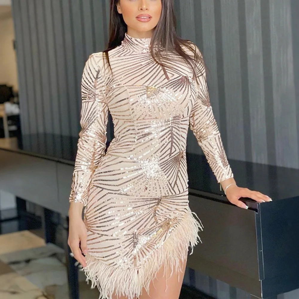 

Sexy Sequined Dresses for Women O Neck Full Sleeve Mini Length Feather Patchwork Elegant Evening Night Out Club Wear Dress Cloth