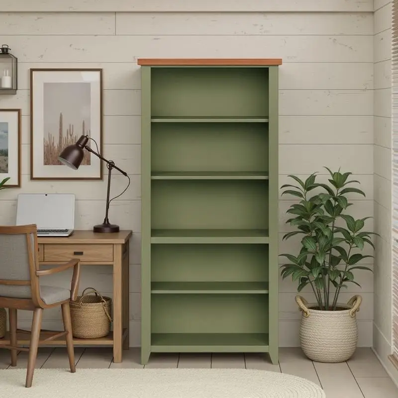 

72-Inch Tall 5-Shelf Bookcase - No Assembly, Sage Green & Fruitwood Finish, Sturdy & Stylish Storage Solution for Home or