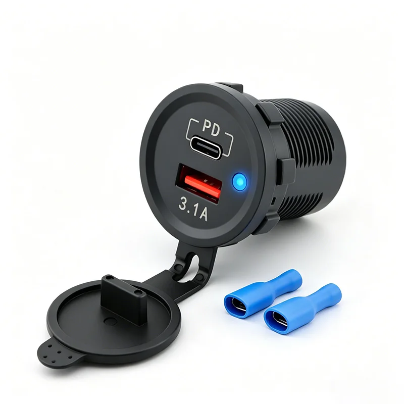 New USB Car Charger Socket Dual Type-C  3.1A USB-A Ports Waterproof with LED Voltmeter Fast Charging 12V/24V for Moto Adapter