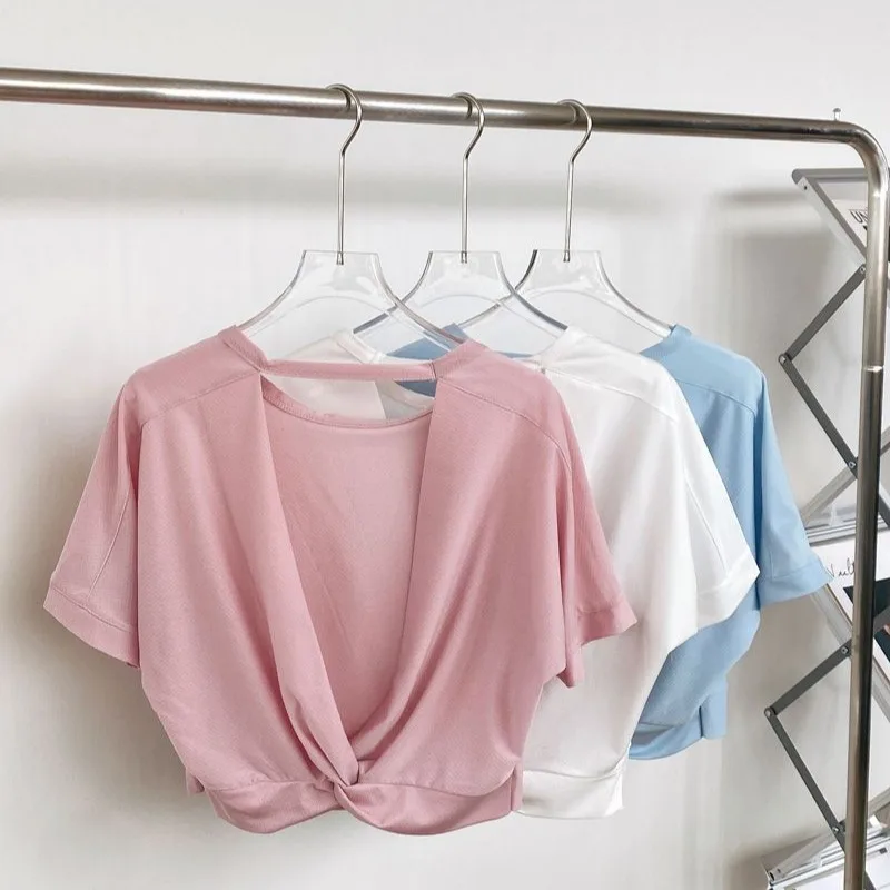 Loose Women's Yoga Clothes Short Sleeve T-Shirt Fitness Running Sportswear Sexy Back Hollow out Casual Style Polyester Fiber