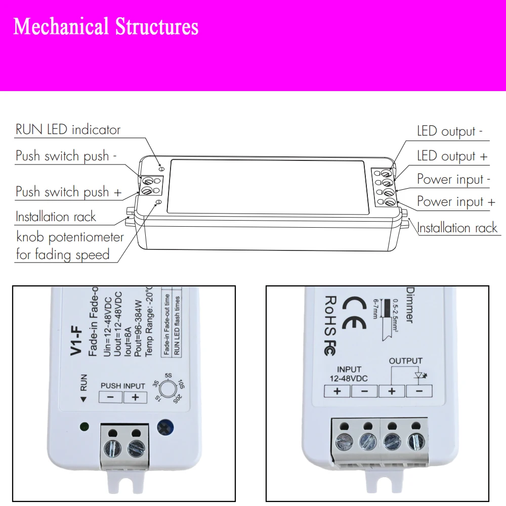 Imagem -06 - Fade-out Push rf Led Dimmer V1-f com Controle Remoto Velocidade 12v 24v 36v 48v com 2.4g