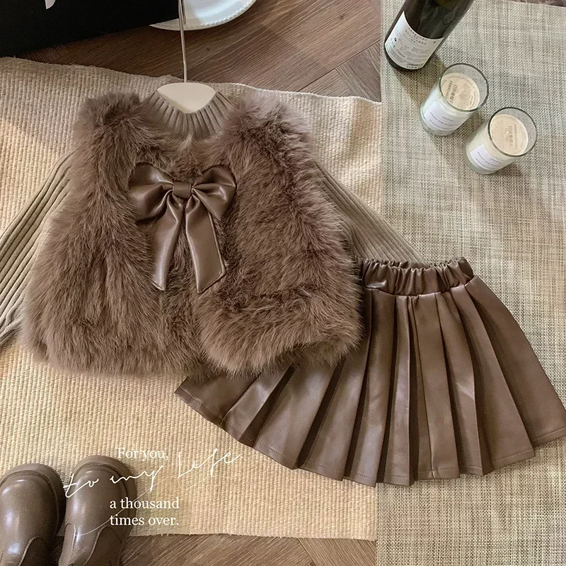 Kid Clothes Suit Korean Style The Girl Suit Autumn and Winter Children Fashion Fur Coat Coat Knitted Top Pleated Leather Skirt