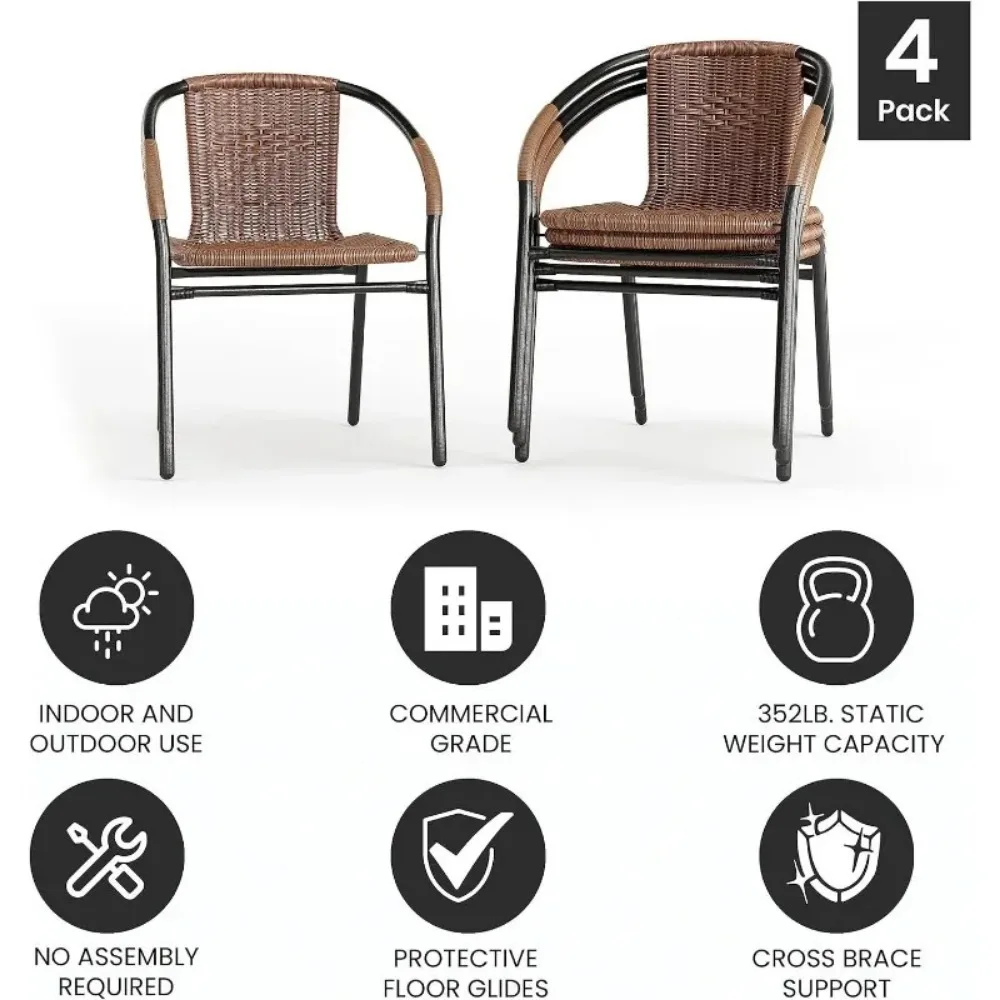 Outdoor Patio Chairs, 4-Pack Medium Brown Rattan Indoor-Outdoor Dining Stacking Chairs