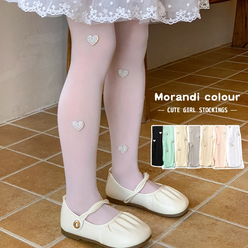 Cute Lolita Children Sheer Pantyhose Fashion Rhinestone Pearl Heart Design Cool Breathable Stretchy Waist Princess Footed Tights