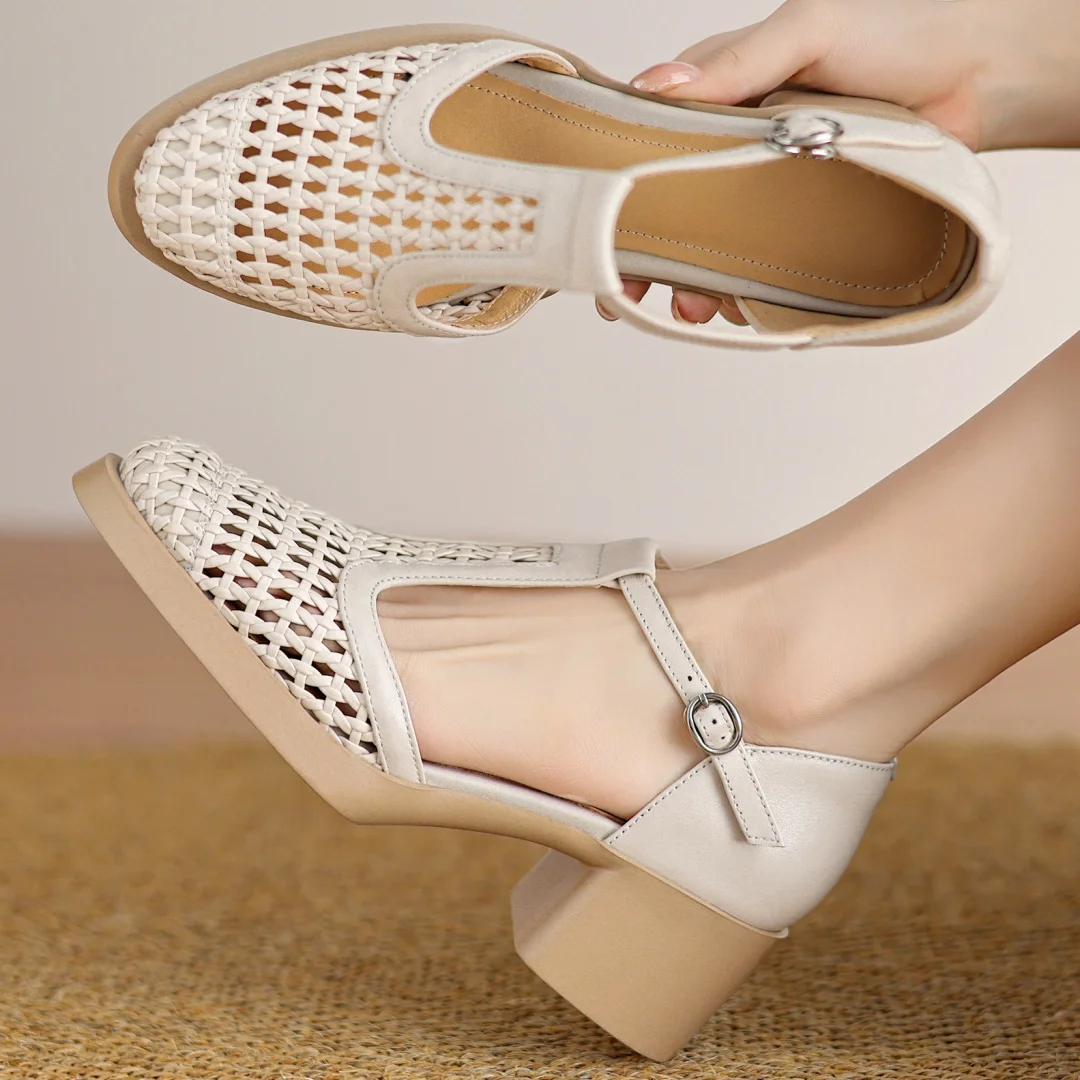 

2025 Summer women's genuine leather braided microfiber patchwork t-strap sandals 5cm thick med heel elegant ladies heels shoes
