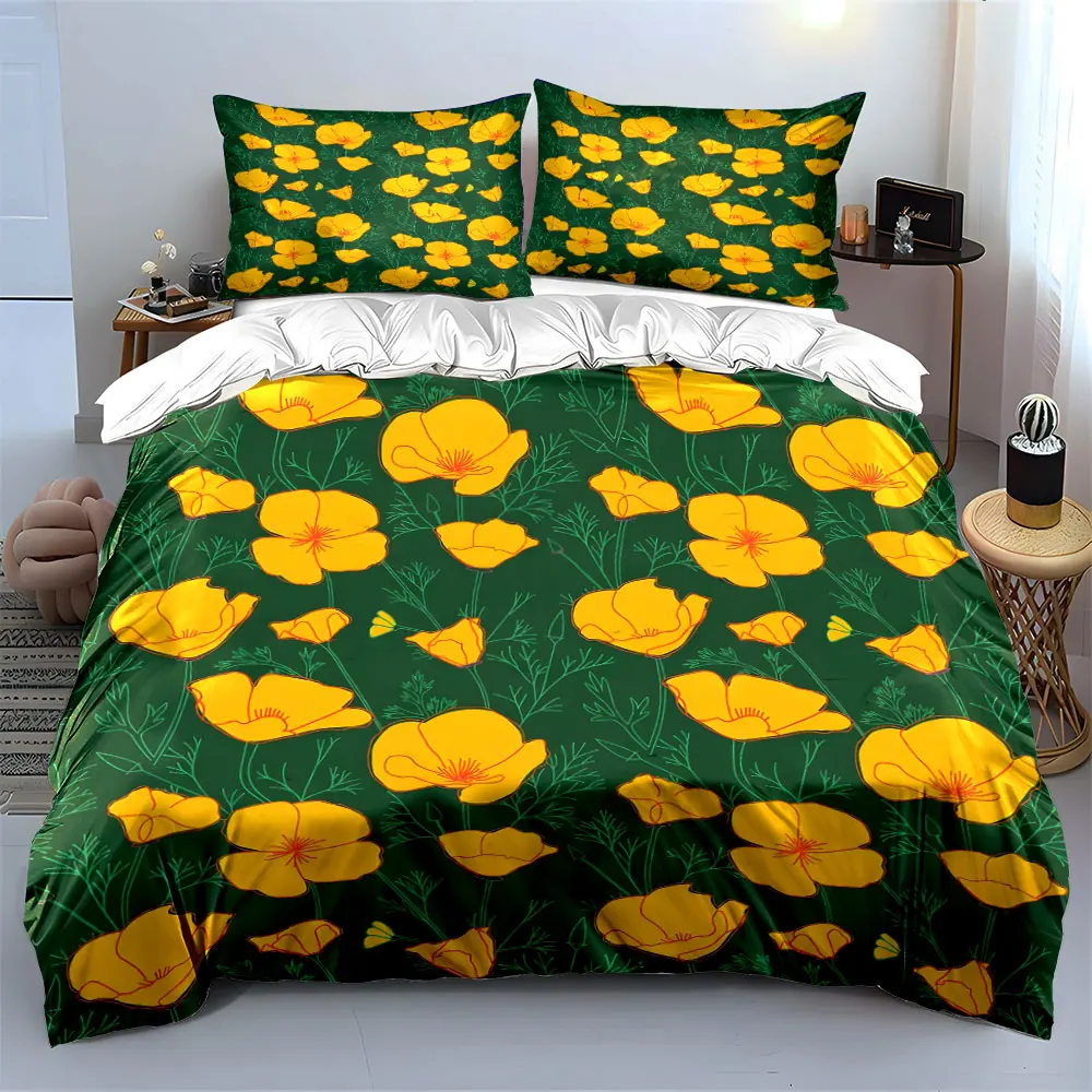 Yellow California poppy flower theme pattern Bedding Set for Kids Luxury Gift 3pcs Digital Print Comforter Set Soft Comfortable