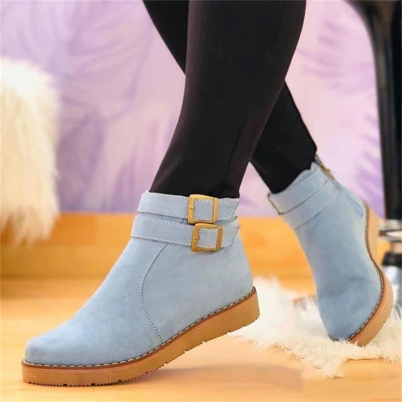 Autumn/Winter New Style Solid Color Buckle Design Short-tube Women\'s Boots Round Toe Flat Bottom Model Fashion Women\'s Boots