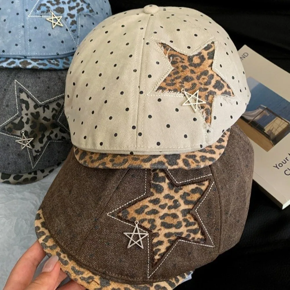 Unisex-Beret mit Stern- und Leopardenmuster, verstellbare Retro-Newsboy-Mütze, Y2K-Baseballkappe mit Polka-Dot-Muster, weiche Baseballmütze für die Arbeit – Detail 2