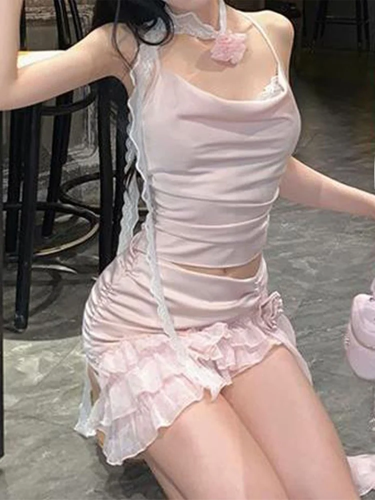 Zestaw dwuczęściowy: asymetryczny crop top z koronką w stylu Pure Desire Spicy Girl i spódnica z wysokim stanem, letni, modny design.