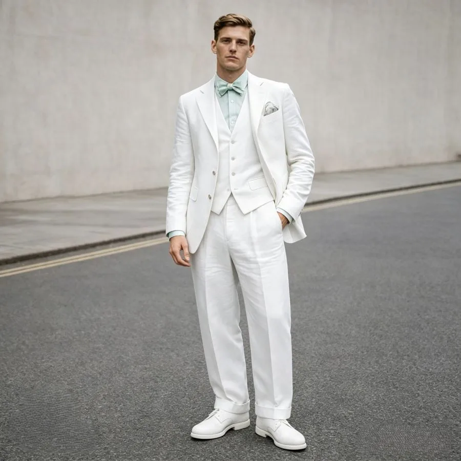 Sky Blue Linen Men Suits 3 Pieces Summer Slim Fit Wedding Business Casual Suits Set Lightweight Breathable Jacket Vest Pant