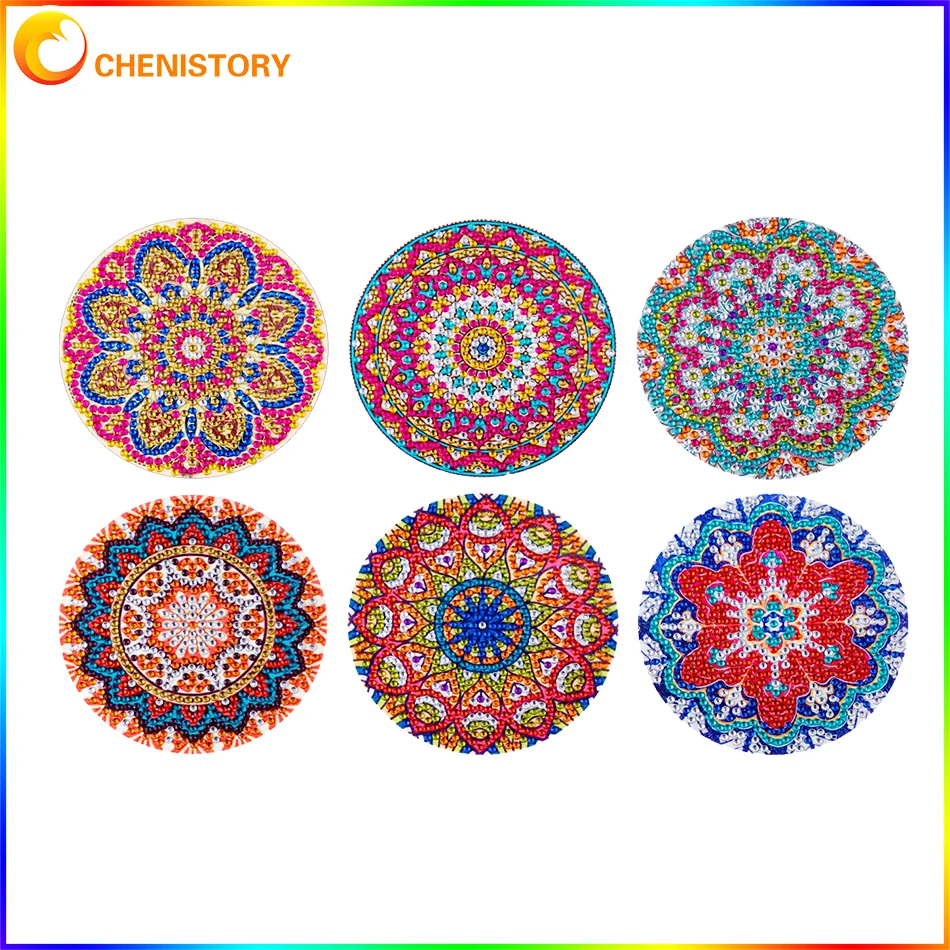 

CHENISTORY 6Pieces Flower Diamond Painting Coasters With Holder DIY Diamond Art Coasters Kits For Adults Tablemat Gift New