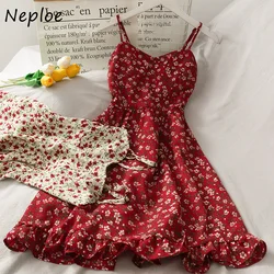 Neploe Vintage Print Bohemian Holiday Dress Women High Waist Hip A Line Slim Vestidos V Neck Sleeveless Off Shoulder Robe Summer