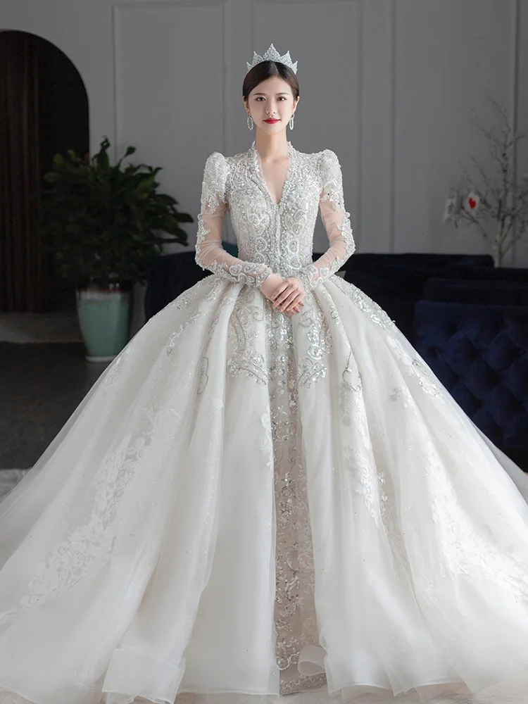 Gorgeous Long Sleeves Wedding Dress For Women Sequins Appliques Bridal Gown V-neck elegance Bridal dress Vestido De Novia
