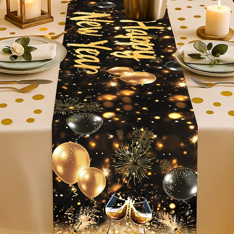 1 قطعة 2026 مفرش طاولة السنة الجديدة | تصميم الألعاب النارية باللونين الأسود والذهبي | مفرش المائدة مربع | متينة للعام الجديد #1