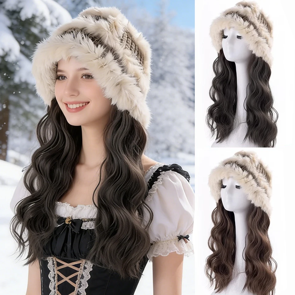 Synthetic Brown Black Wig with Hat Warm Winter Hats 16inch Cute and Fluffy Natural for Women Wigs Daily Winter Use High Quality