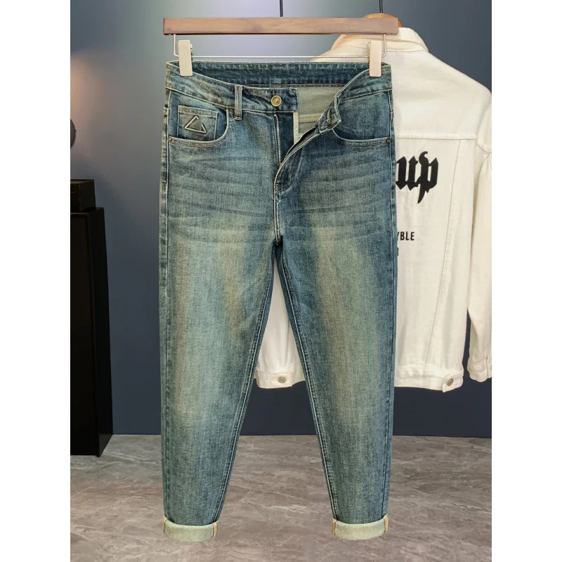 2025 новые осенние винтажные синие мужские элитные модные брендовые облегающие повседневные роскошные джинсовые длинные брюки с небольшой ногой