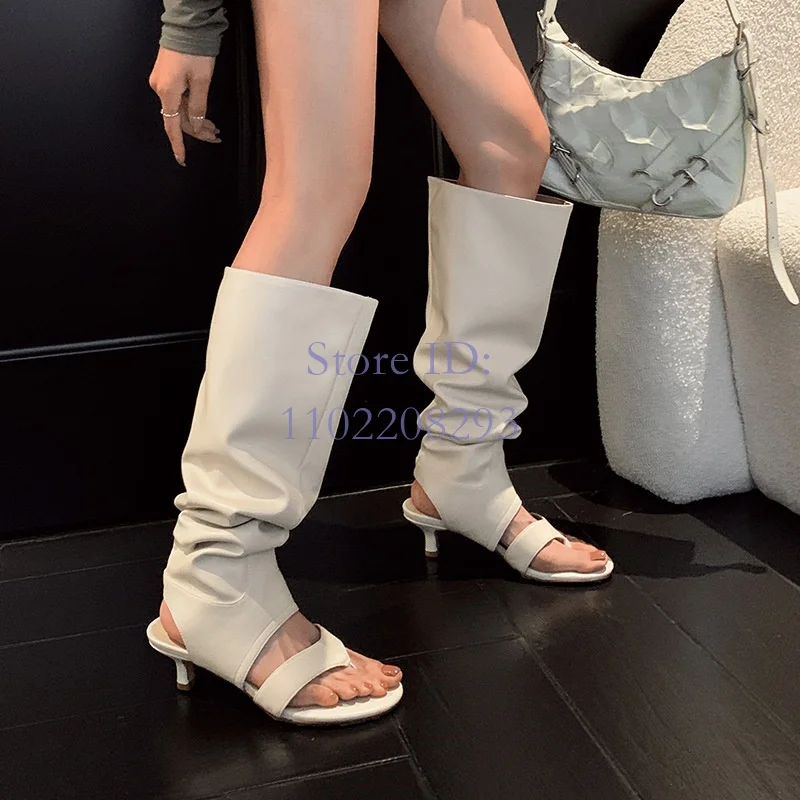 

Black PU Flip-flops Pleated High Boots Round Toe Hot Girl Solid Boots 2024 Summer New Arrival Women Slip-on Fashion Sandals