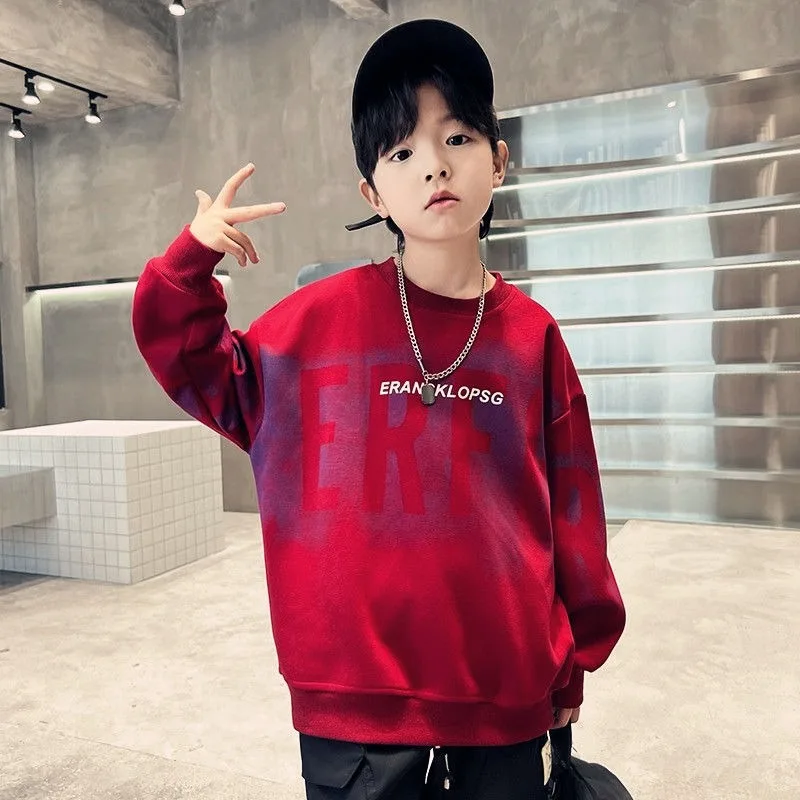

7-11Y Boys' Red Letter Print Best-Seller Loose Fit Lunar New Year Outerwear Top - Mid-Big Size Autumn/Winter Kids' Sweatshirt
