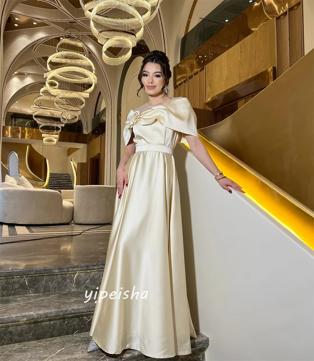 Prom Dress Saudi Arabia Satin Flower Draped Wedding Party A-line O-Neck Bespoke Occasion  Floor Length