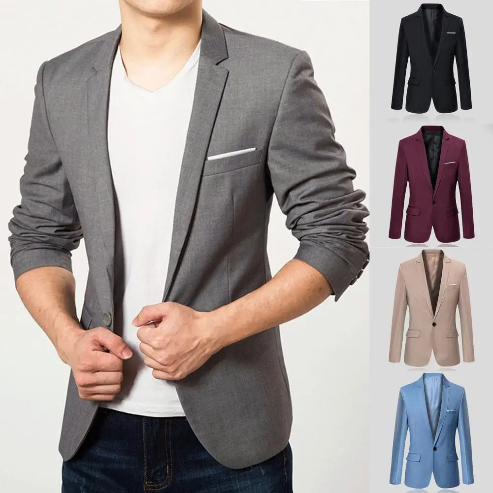 Chaqueta de manga larga con bolsillos y solapa para hombre, Blazer Formal de un solo botón, Color sólido, traje de negocios, ropa masculina