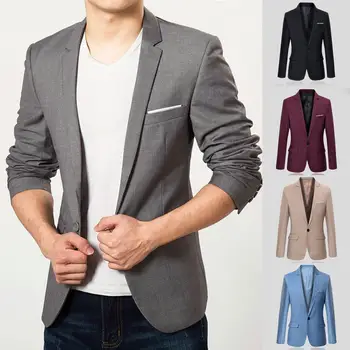 Blazer d'affaires à manches longues pour hommes avec poches à rabat, veste à revers imbibée, blazer formel, bouton unique, document solide, vêtements pour hommes