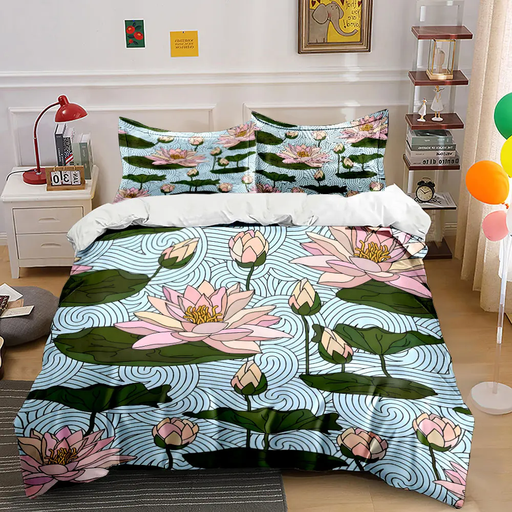 Artistic lotus and leaves Pattern Duvet Cover Set Digital Print Colorful Polyester Bedding with Zipper Closur for kids gifts
