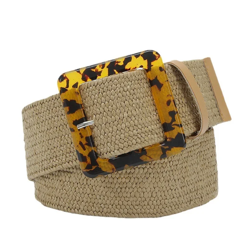 Cinturón ancho tejido de paja con estampado de leopardo para mujer, hebilla de resina elástica, accesorios de ropa para niñas, cinturones de lujo