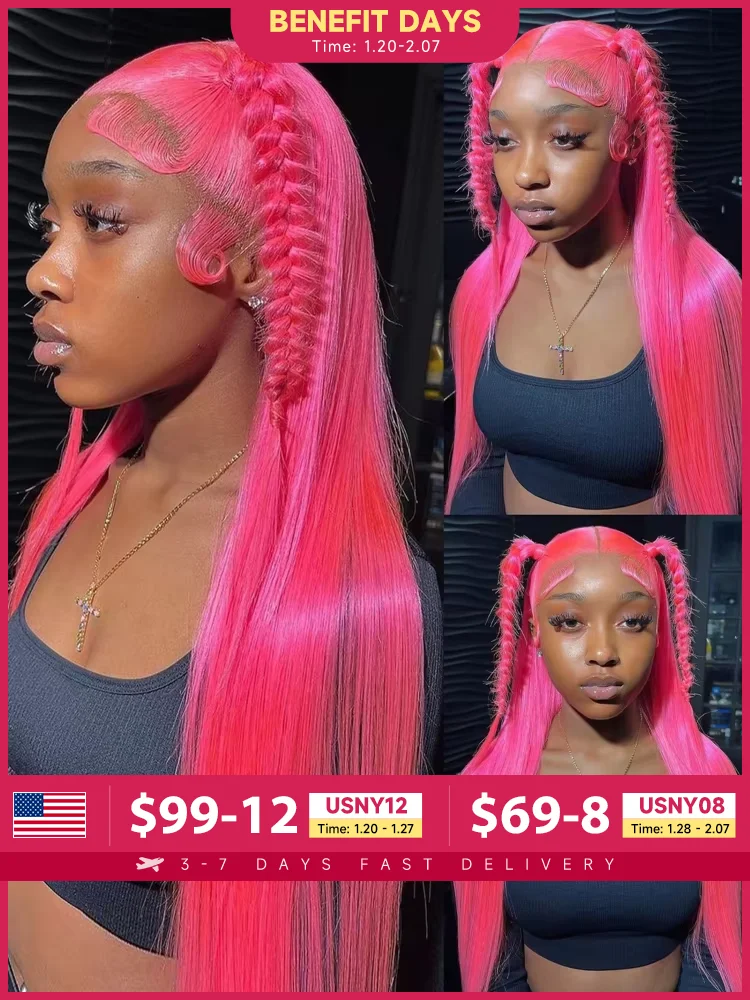 30 36 inch Hot Pink Transparent Lace Front Wig Human Hair 13x6 Lace Frontal Wigs For Women Long Straight Colored Human Hair Wigs