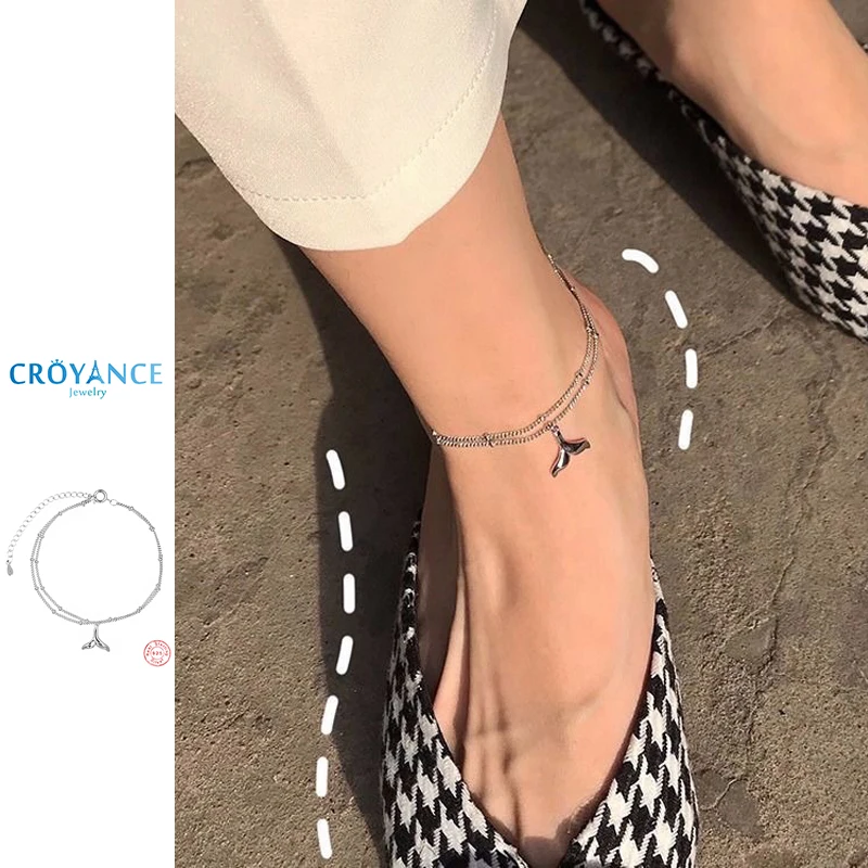 925 Sterling Silver Fashion Double Layer Chain Dolphin Tail Pendant Anklets Women Jewelry Summer Beach Fishtail Foot Chain Gift
