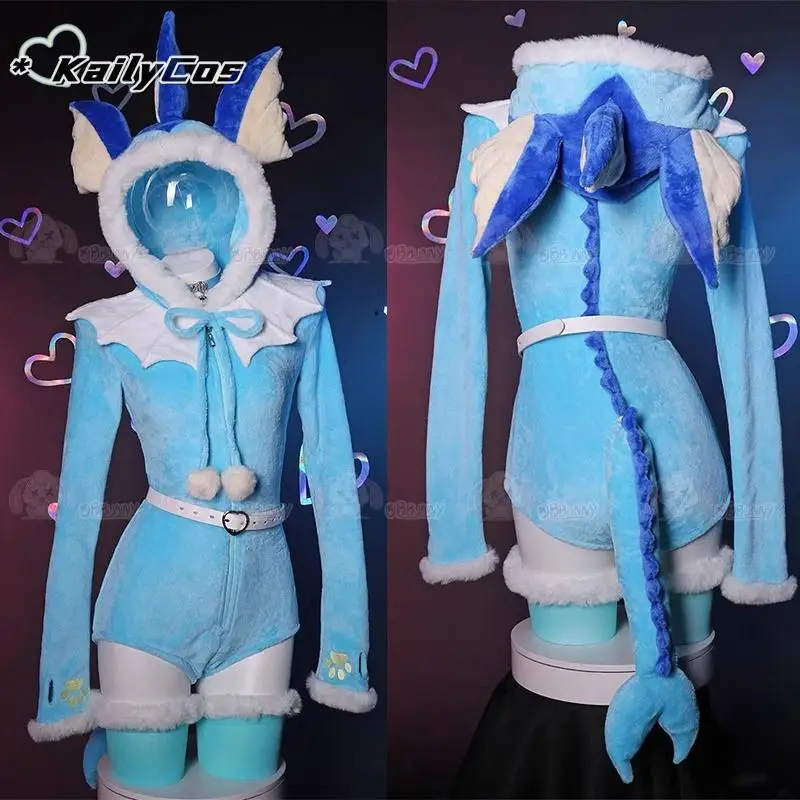 Anime Vaporeon Cosplay Costume Women Sexy Flannel Hooded Bodysuit Tail Socks Suit Bunny Girl Kawaii Plush Pajamas Cute Jumpsuit