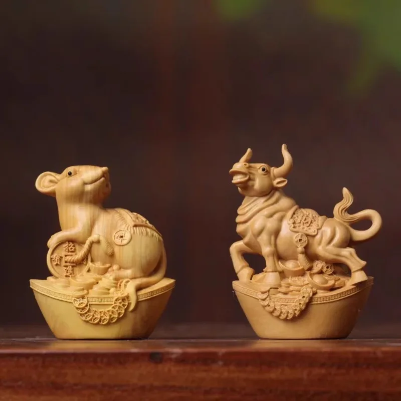 Hand Carved Boxwood Wooden Chinese Zodiac Animals Figurine Set of 12 - Lucky Ornament Portable Hand Piece Gift Collectible