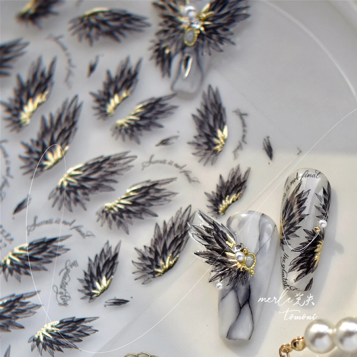 สีขาวสีดําทองปีก Feather Angel ผีเสื้อ Bowknot ดอกไม้กรอบ Moon Star Pearl Rhinestones สติ๊กเกอร์เล็บสติ๊กเกอร์เล็บ