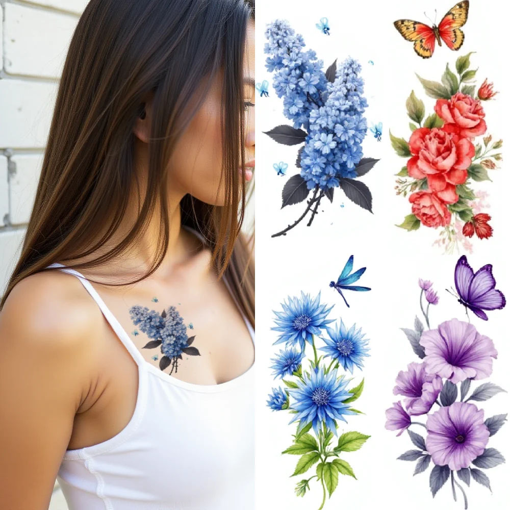 9pcs Temporary Tattoo  Temporary tattoo stickers Green Roses  Blue Flowers with Dragonfly for  back arms Adult