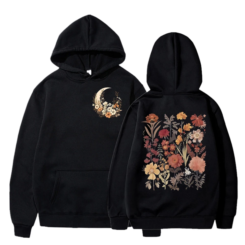 Boho Vintage Wildflower Print Women Hoodies Vintage Moon Flower Boho Fashion Streetwear Hoodie Flower Nature Lover Sweatshirts