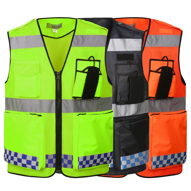 High Visibility Zipper Front Safety Vest With Reflective Strips Bicycle and Motorcycle Riding Safety Clothing Multi-Pockets