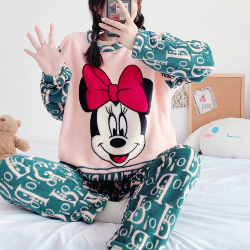 Cartoon Disney Mickey Mouse Women's Pajamas Winter Knitted Plush Long Sleeve Pants Two-piece Set Loungewear Hello Kitty Pajamas