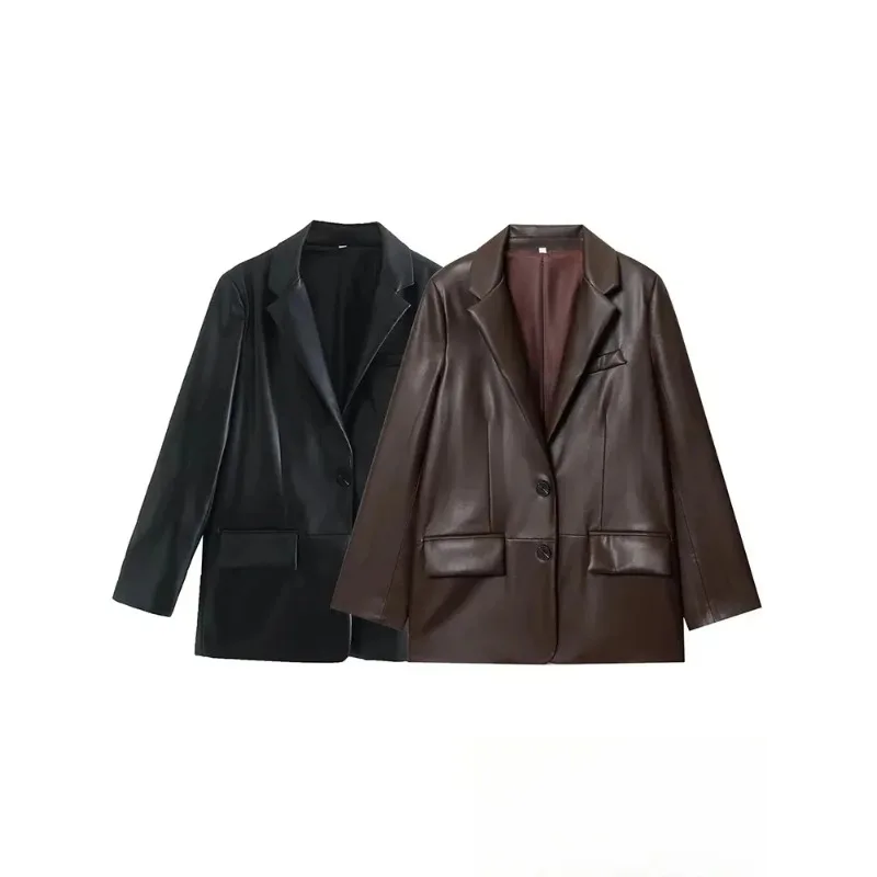 

Женская коричневая кожаная куртка-пиджак для офиса, с длинными рукавами, карманами, оверсайз, модная осенняя уличная одежда