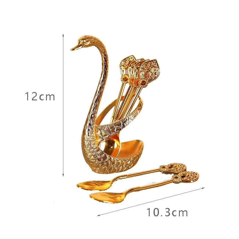 7PCS Creative Dinnerware Set Zinc Alloy Decorative Swan Base Holder With 6 Spoons For Coffee Fruit Dessert Stirring Mixing Spoon