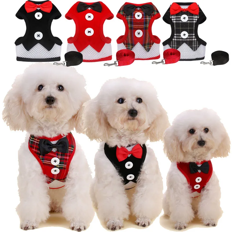 Christmas Dog Harness and Leash Set Dogs Collars Cat Necktie Traction Rope Rabbits Mesh Dress Bow Chest Belt Collar Chihuahua