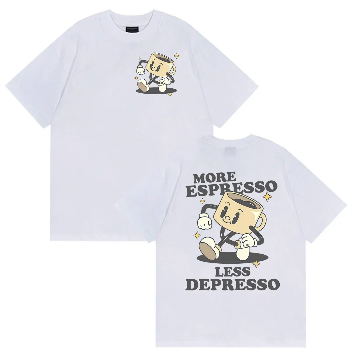More Espresso Less Depresso Retro Graphic T Shirt Funny Coffee Cartoon Double Sided T-shirts Men Women Oversized Cotton T-Shirt