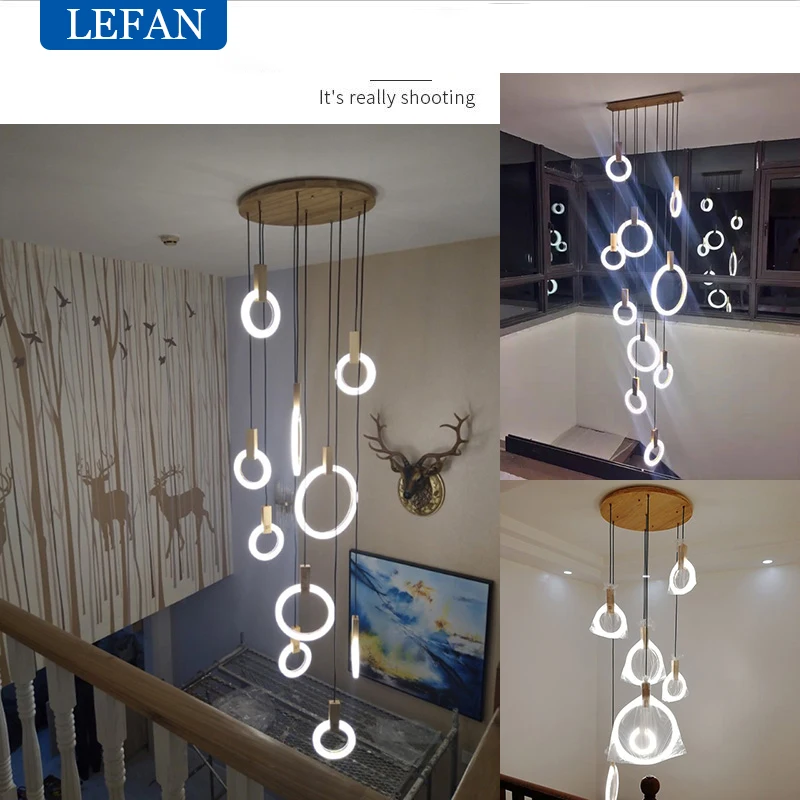 Modern LED Chandelier living room Wooden lighting Acrylic Ring pendant lamps fixtures compound stairs deco hanging lights