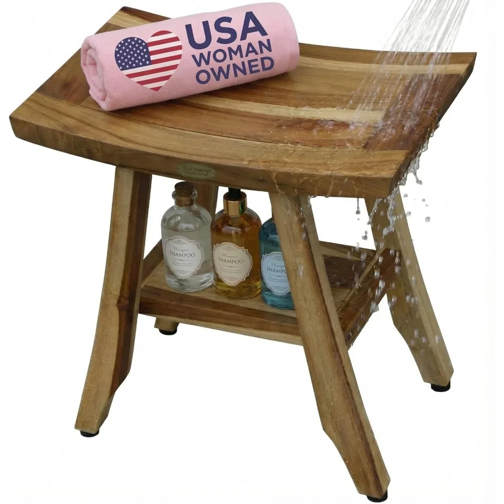 Banco de Ducha Compacto de Madera de Teca con Envío en EE. UU., Patas Ajustables, Diseño de Listones, Resistente al Agua, Taburete de Spa para Uso en Interiores y Exteriores