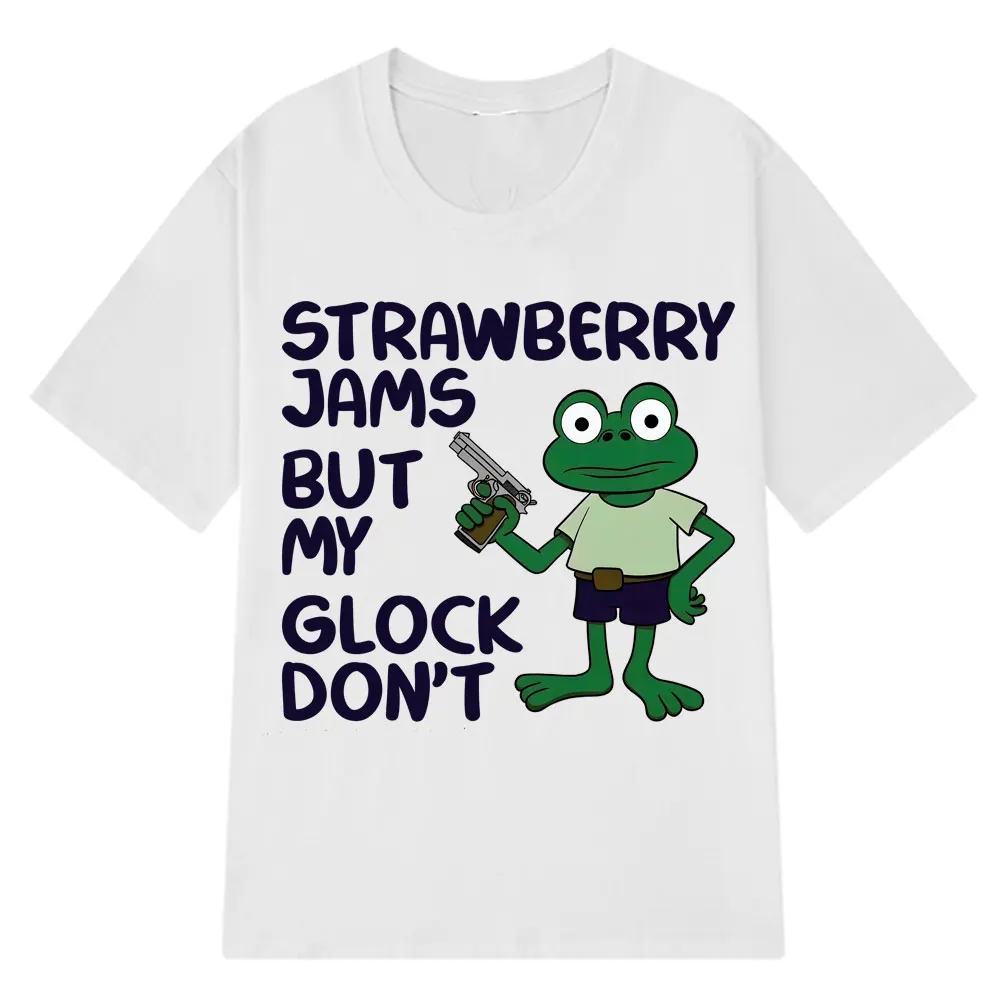 

Футболка Strawberry Jams But My Glock Dont Funny Frog Meme, летняя свободная повседневная футболка, женские футболки в стиле хип-хоп