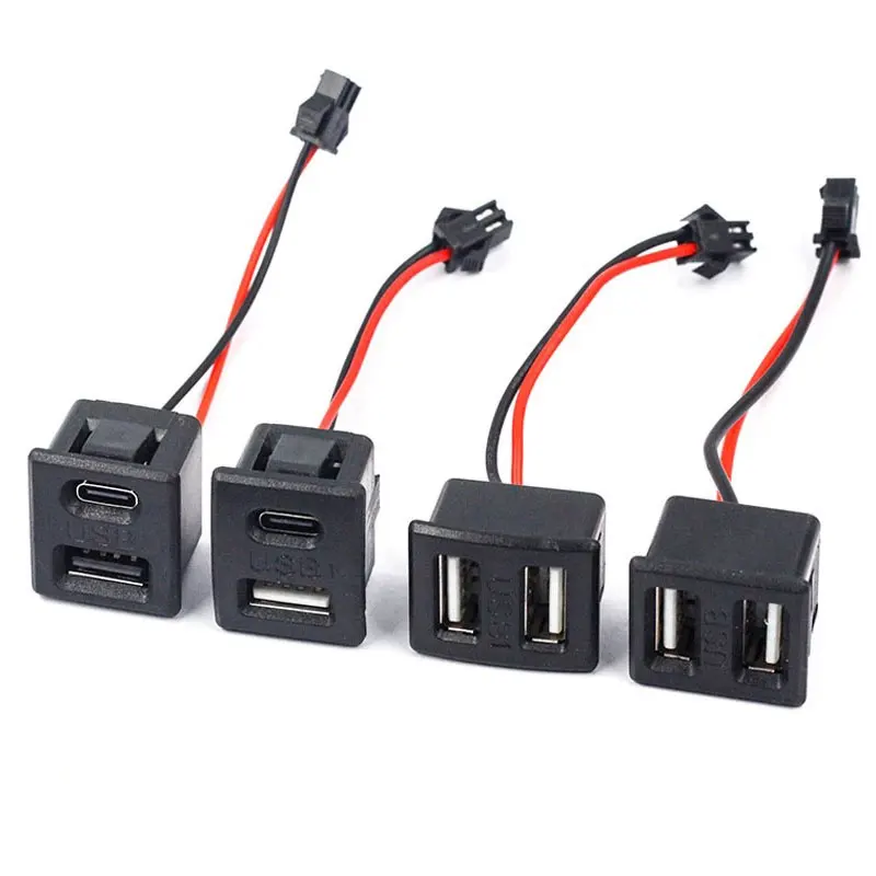 1Pcs Black Double Layer Usb Female Base Type-C Socket and Female Usb Lamp Charging Socket Power Socket With Cable Connector