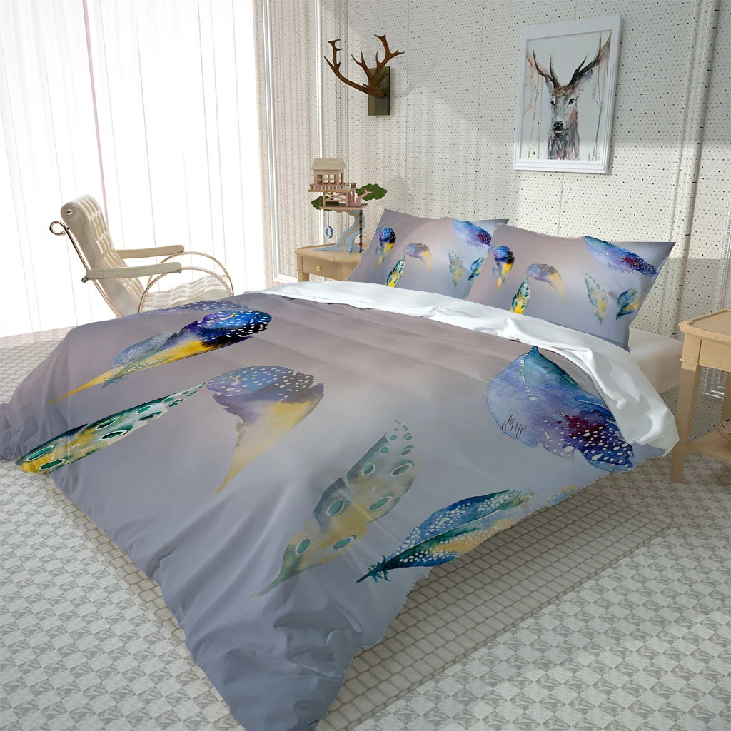 HUANZHUANG Kid'S Duvet Cover Boys Blue Feather Quilt Cover Girls Room Gorgeous Bedding King/Queen Size Polyester King Cover