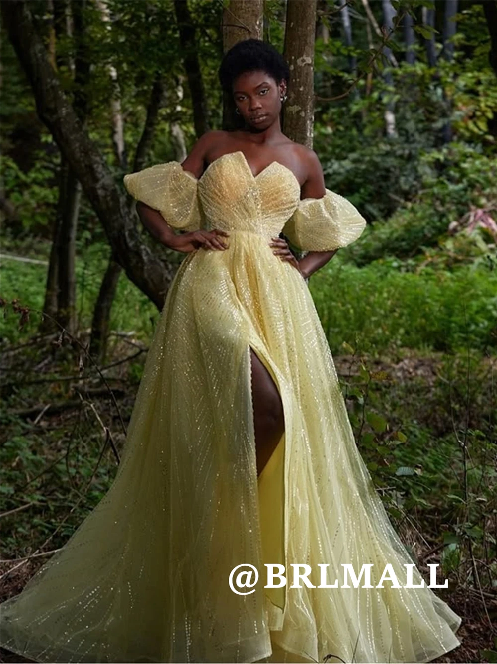 

BRLMALL Sequins Long Evening Dresses Sleeveless A-Line Tulle Prom Dress Customized Backless Party Gowns Puff Sleeves