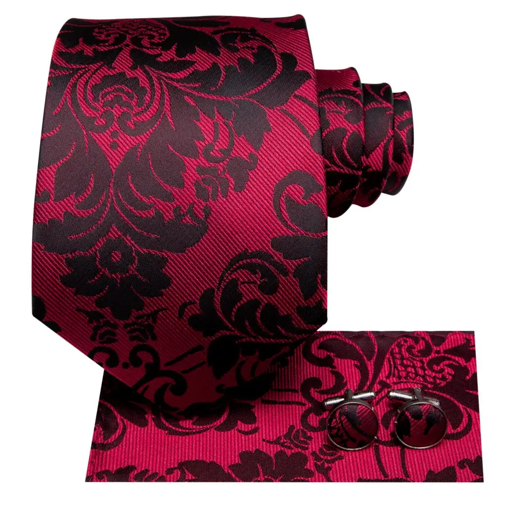 

Hi-Tie Designer Red Black Floral Silk Wedding Tie For Men Handky Cufflink Gift Mens Necktie Fashion Business Party Dropshiping