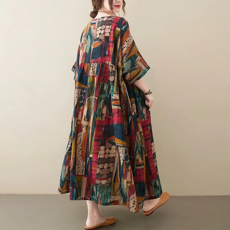 Kurzarm übergroße Baumwolle Vintage Blumen neu in Kleidern für Frauen lässig lose lange Sommerkleid elegante Kleidung 2025